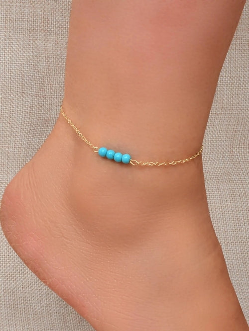 Handmade Blue Beaded Anklets Boho Gold Chain Ankle Bracelets Holiday