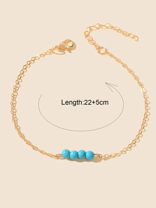 Handmade Blue Beaded Anklets Boho Gold Chain Ankle Bracelets Holiday